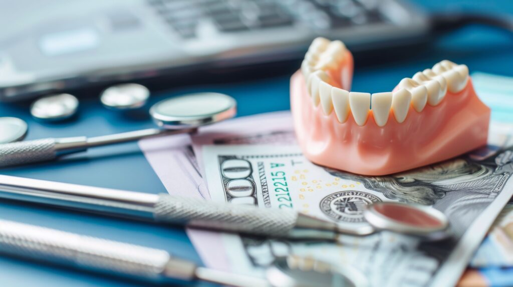 Model dentures on a pile of $100 bills with dental instruments