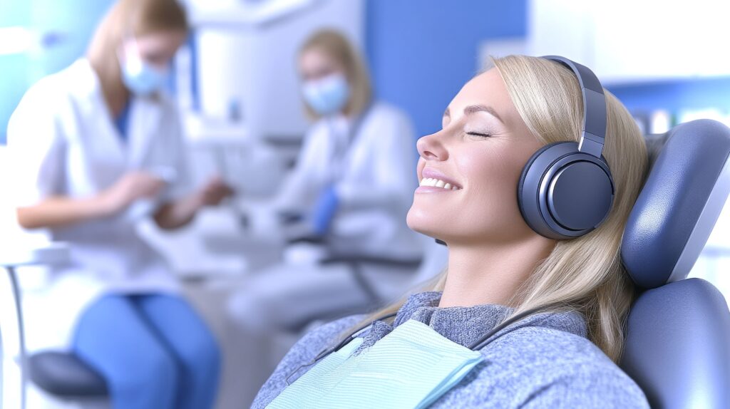 Woman with blond hair in dental chair with headphones over ears