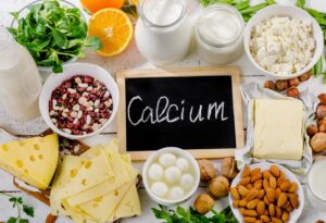 a table full of calcium-enriched foods and beverages
